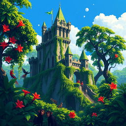 Pixel art rendering of a majestic jungle castle