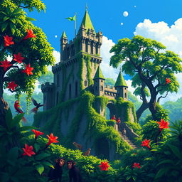 Pixel art rendering of a majestic jungle castle