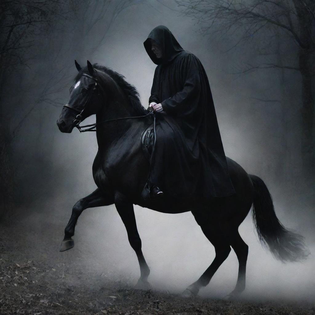 Ghostly apparition of the just night judge as a revered urban legend, astride a powerful, black horse, dispensing justice under the shrouded cover of night.