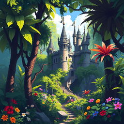 A pixel art scene of a majestic castle nestled within a lush, vibrant jungle