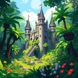 A pixel art scene of a majestic castle nestled within a lush, vibrant jungle