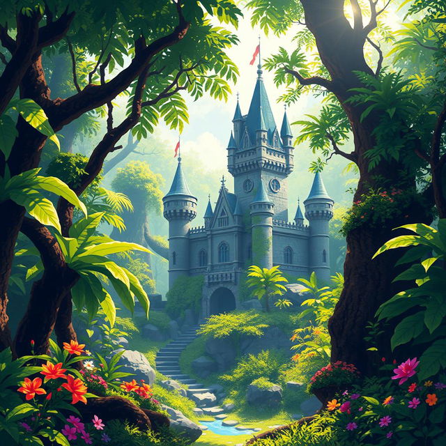 A pixel art scene of a majestic castle nestled within a lush, vibrant jungle