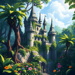 A pixel art scene of a majestic castle nestled within a lush, vibrant jungle