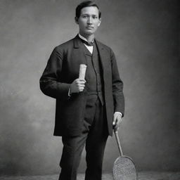 A full-body portrait of Dr. Jose Rizal, the national hero of the Philippines, elegantly poised with a badminton racket in his hand