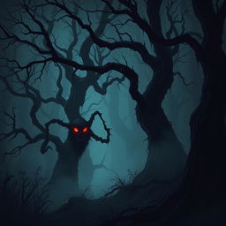 A dark fantasy scene with a haunted forest