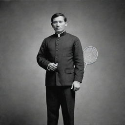 A full-body portrait of Dr. Jose Rizal, the national hero of the Philippines, elegantly poised with a badminton racket in his hand