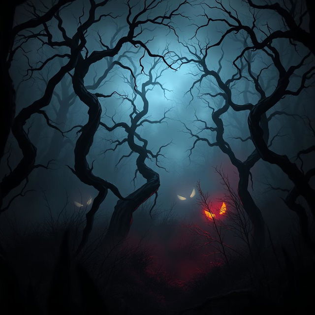 A dark fantasy scene with a haunted forest