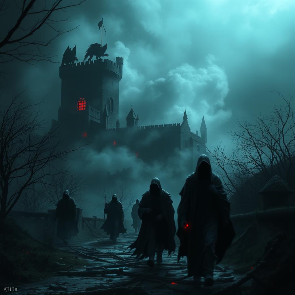 A dark fantasy scene with a haunted castle looming in the background