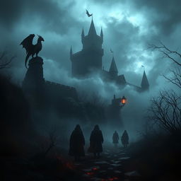 A dark fantasy scene with a haunted castle looming in the background