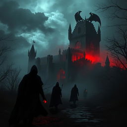 A dark fantasy scene with a haunted castle looming in the background