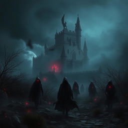 A dark fantasy scene with a haunted castle looming in the background