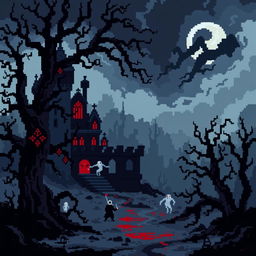 A dark fantasy pixel art scene with an atmosphere of fear and mysticism