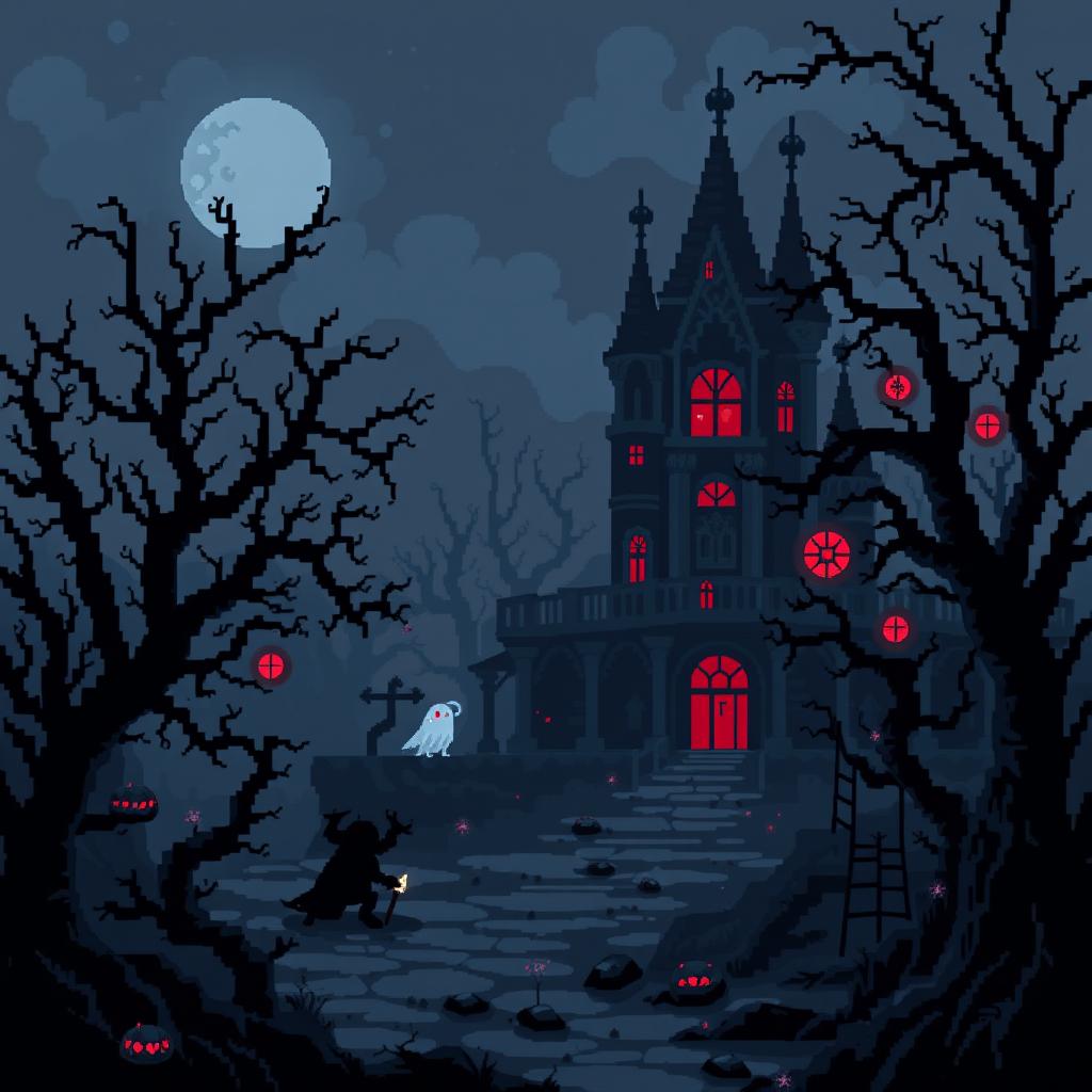 A dark fantasy pixel art scene with an atmosphere of fear and mysticism