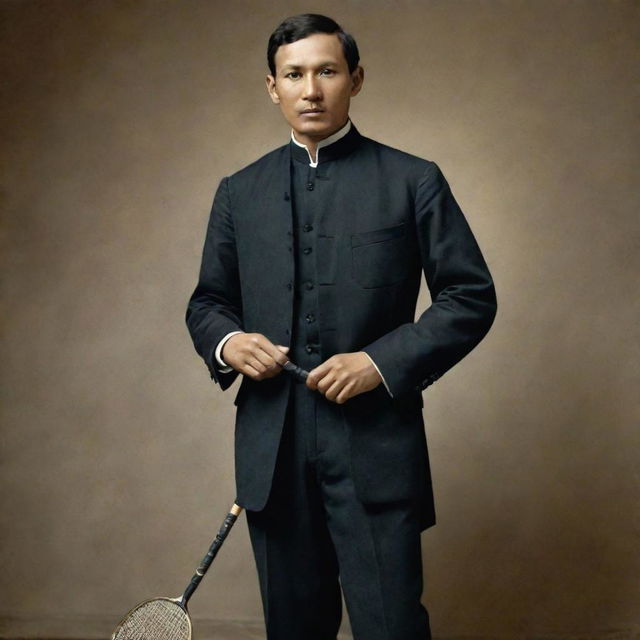 A full-body portrait of Dr. Jose Rizal, the national hero of the Philippines, elegantly poised with a badminton racket in his hand