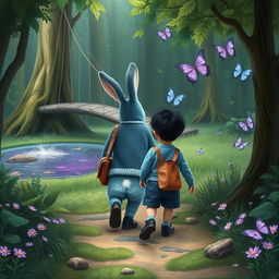 A mystical forest adventure featuring a blue rabbit following a baby boy wearing a short denim jumper, black shoes, brown leather bag, and featuring thick black hair