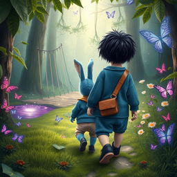 A mystical forest adventure featuring a blue rabbit following a baby boy wearing a short denim jumper, black shoes, brown leather bag, and featuring thick black hair