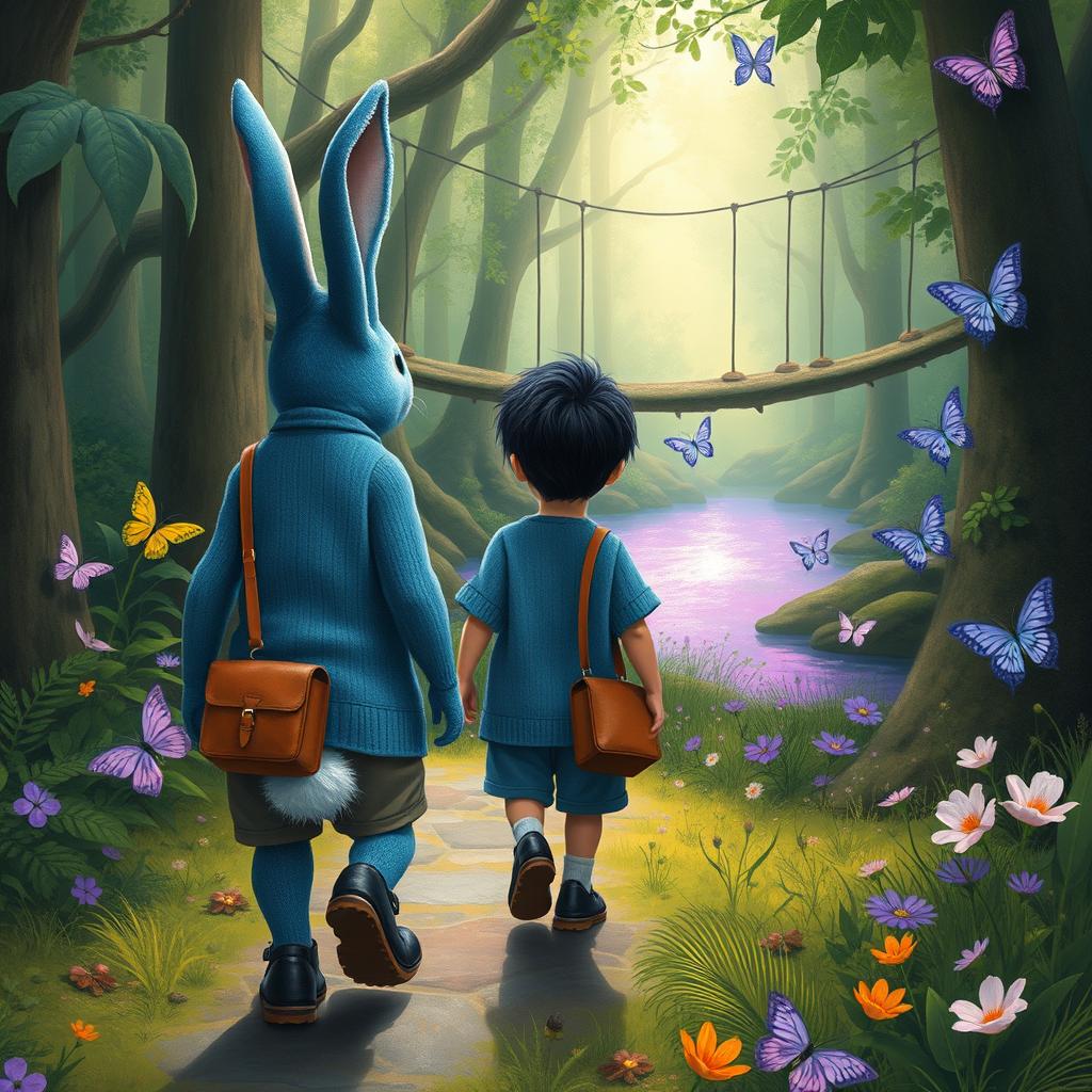 A mystical forest adventure featuring a blue rabbit following a baby boy wearing a short denim jumper, black shoes, brown leather bag, and featuring thick black hair