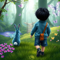 A mystical forest adventure featuring a blue rabbit following a baby boy wearing a short denim jumper, black shoes, brown leather bag, and featuring thick black hair