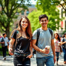 A college campus scene featuring a young woman and a young man