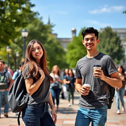 A college campus scene featuring a young woman and a young man