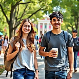 A college campus scene featuring a young woman and a young man