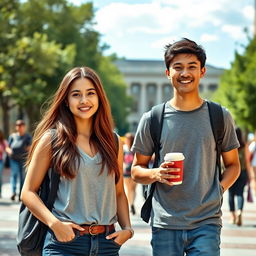 A college campus scene featuring a young woman and a young man