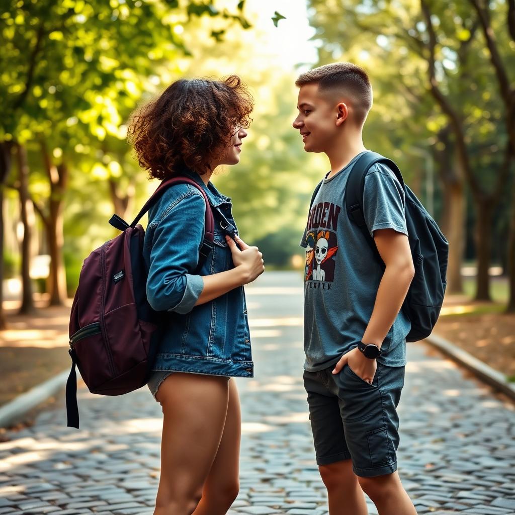 Two teenagers facing each other with school bags slung over their shoulders