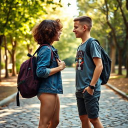 Two teenagers facing each other with school bags slung over their shoulders