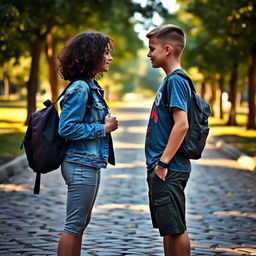 Two teenagers facing each other with school bags slung over their shoulders