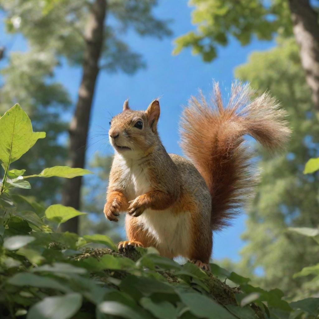 A detailed image depicting a nimble squirrel frolicking amongst the verdant foliage of towering trees, under a bright blue sky.