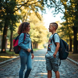 Two teenagers facing each other with school bags slung over their shoulders