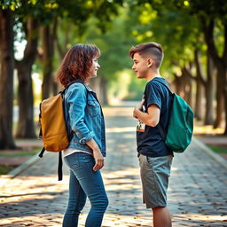 Two teenagers facing each other with school bags slung over their shoulders