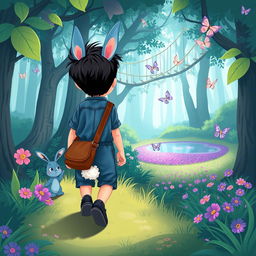 A cartoon depiction of a mystical forest adventure, featuring a playful blue rabbit following a 10-month-old baby boy with thick black hair, wearing a short denim jumper, black shoes, and a brown leather bag