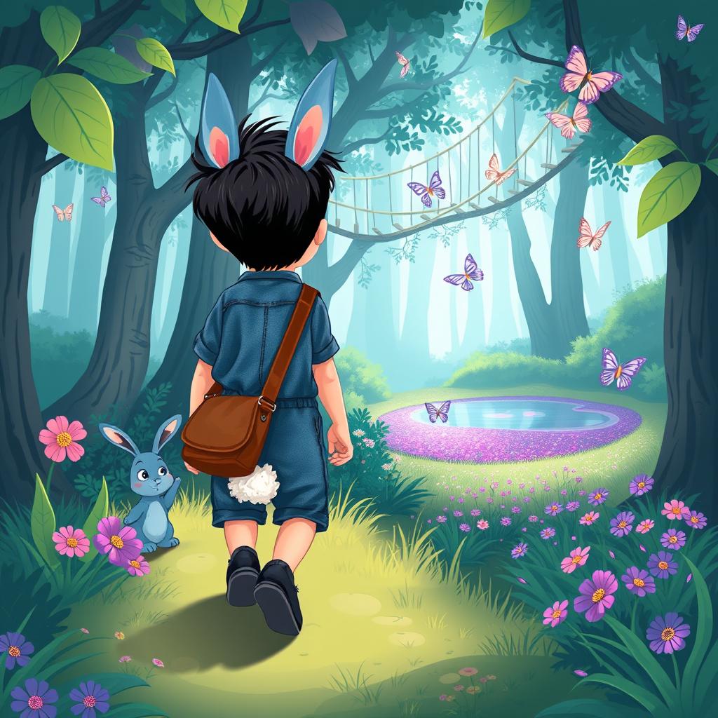A cartoon depiction of a mystical forest adventure, featuring a playful blue rabbit following a 10-month-old baby boy with thick black hair, wearing a short denim jumper, black shoes, and a brown leather bag