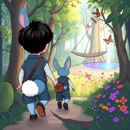 A cartoon depiction of a mystical forest adventure, featuring a playful blue rabbit following a 10-month-old baby boy with thick black hair, wearing a short denim jumper, black shoes, and a brown leather bag