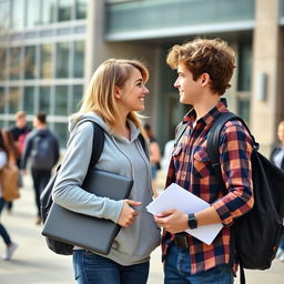 Two college students facing each other closely, both wearing casual outfits with school bags hanging over their shoulders