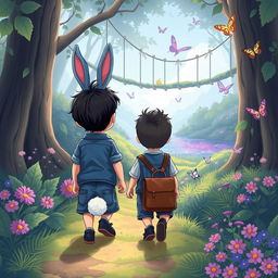 A cartoon depiction of a mystical forest adventure, featuring a playful blue rabbit following a 10-month-old baby boy with thick black hair, wearing a short denim jumper, black shoes, and a brown leather bag