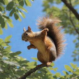 A detailed image depicting a nimble squirrel frolicking amongst the verdant foliage of towering trees, under a bright blue sky.