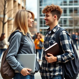 Two college students facing each other closely, both wearing casual outfits with school bags hanging over their shoulders