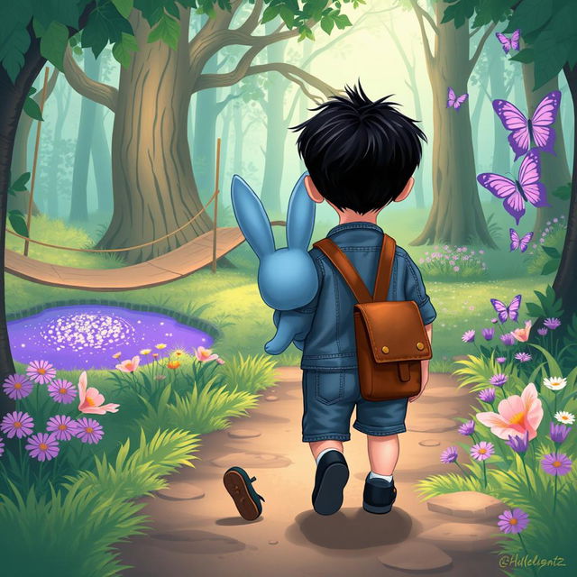 A cartoon depiction of a mystical forest adventure, featuring a playful blue rabbit following a 10-month-old baby boy with thick black hair, wearing a short denim jumper, black shoes, and a brown leather bag