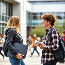 Two college students facing each other closely, both wearing casual outfits with school bags hanging over their shoulders