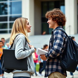 Two college students facing each other closely, both wearing casual outfits with school bags hanging over their shoulders