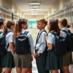 A group of students in school uniforms standing closely together, each of them hanging their school bags over their shoulders