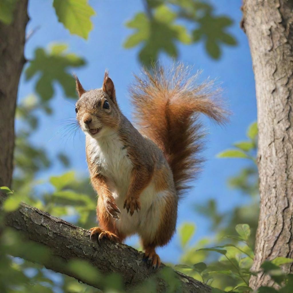 A detailed image depicting a nimble squirrel frolicking amongst the verdant foliage of towering trees, under a bright blue sky.