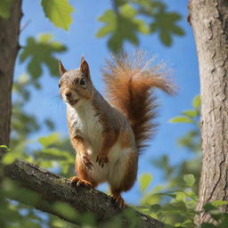 A detailed image depicting a nimble squirrel frolicking amongst the verdant foliage of towering trees, under a bright blue sky.