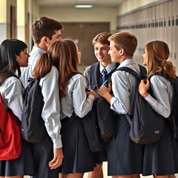 A group of students in school uniforms standing closely together, each of them hanging their school bags over their shoulders