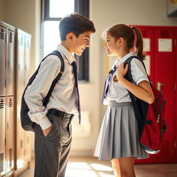 A school boy and girl in uniforms standing face-to-face closely, each with school bags hanging over their shoulders