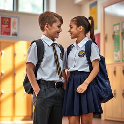 A school boy and girl in uniforms standing face-to-face closely, each with school bags hanging over their shoulders