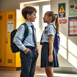 A school boy and girl in uniforms standing face-to-face closely, each with school bags hanging over their shoulders