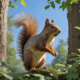 A detailed image depicting a nimble squirrel frolicking amongst the verdant foliage of towering trees, under a bright blue sky.